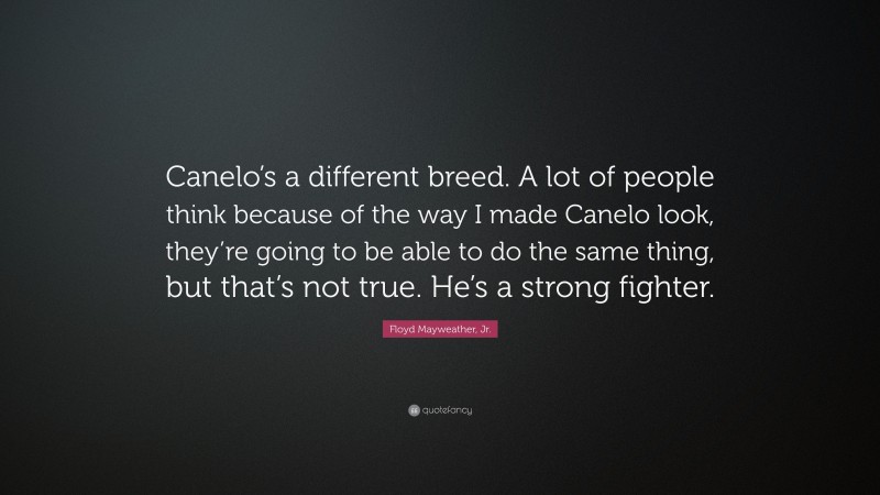 Floyd Mayweather, Jr. Quote: “Canelo’s a different breed. A lot of people think because of the way I made Canelo look, they’re going to be able to do the same thing, but that’s not true. He’s a strong fighter.”