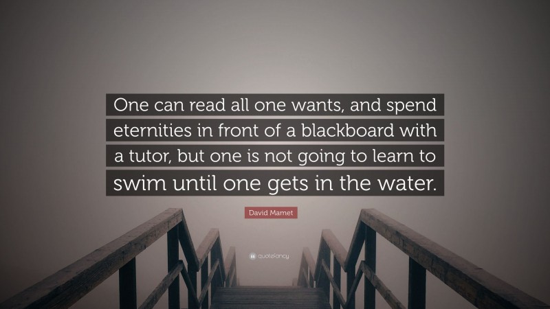 David Mamet Quote: “One can read all one wants, and spend eternities in front of a blackboard with a tutor, but one is not going to learn to swim until one gets in the water.”
