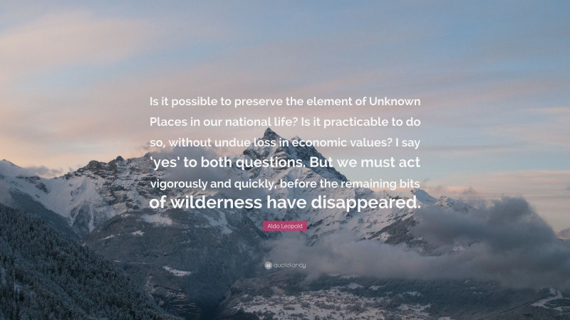 Aldo Leopold Quote: “Is it possible to preserve the element of Unknown Places in our national life? Is it practicable to do so, without undue loss in economic values? I say ‘yes’ to both questions. But we must act vigorously and quickly, before the remaining bits of wilderness have disappeared.”