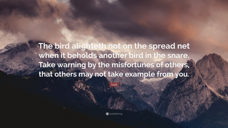 Saadi Quote: “The bird alighteth not on the spread net when it beholds another bird in the snare. Take warning by the misfortunes of others, that others may not take example from you.”