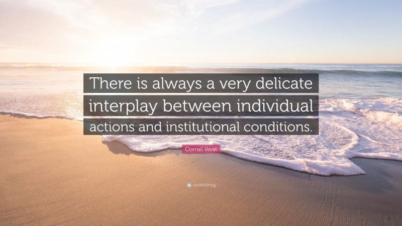 Cornel West Quote: “There is always a very delicate interplay between individual actions and institutional conditions.”