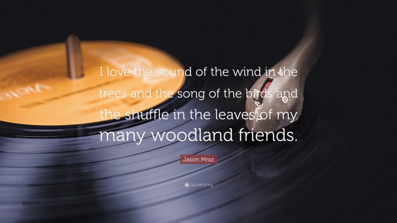 Jason Mraz Quote: “I love the sound of the wind in the trees and the song of the birds and the shuffle in the leaves of my many woodland friends.”
