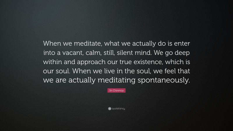 Sri Chinmoy Quote: “When we meditate, what we actually do is enter into a vacant, calm, still, silent mind. We go deep within and approach our true existence, which is our soul. When we live in the soul, we feel that we are actually meditating spontaneously.”