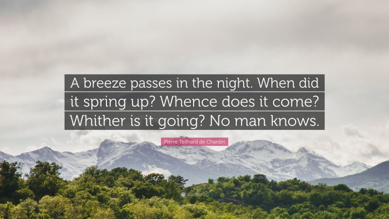 Pierre Teilhard de Chardin Quote: “A breeze passes in the night. When did it spring up? Whence does it come? Whither is it going? No man knows.”