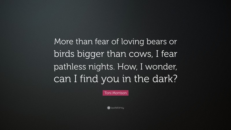 Toni Morrison Quote: “More than fear of loving bears or birds bigger than cows, I fear pathless nights. How, I wonder, can I find you in the dark?”