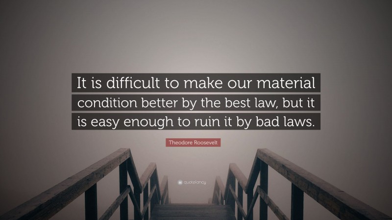 Theodore Roosevelt Quote: “It is difficult to make our material condition better by the best law, but it is easy enough to ruin it by bad laws.”