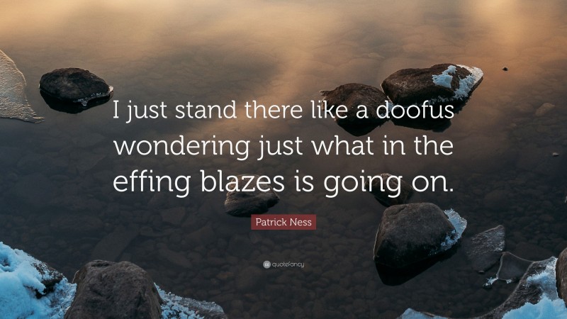 Patrick Ness Quote: “I just stand there like a doofus wondering just what in the effing blazes is going on.”