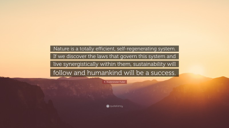 R. Buckminster Fuller Quote: “Nature is a totally efficient, self-regenerating system. If we discover the laws that govern this system and live synergistically within them, sustainability will follow and humankind will be a success.”