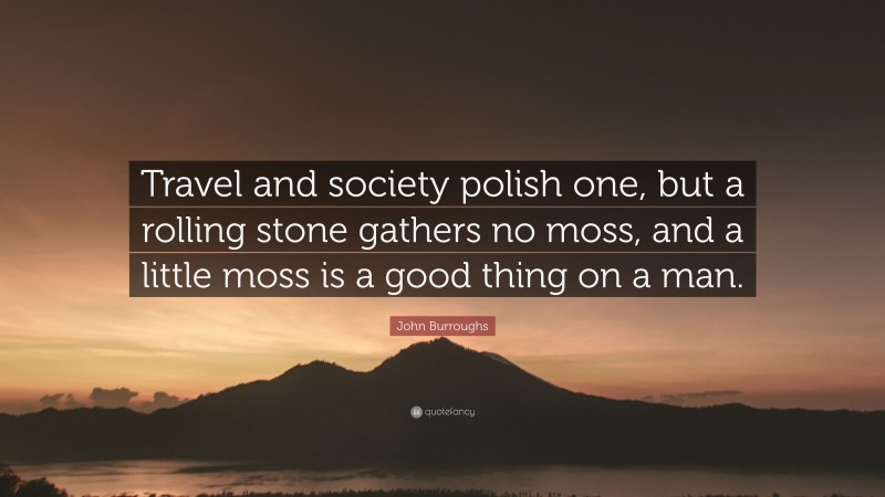 John Burroughs Quote: “Travel and society polish one, but a rolling stone gathers no moss, and a little moss is a good thing on a man.”
