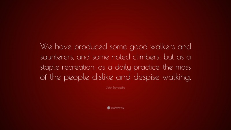 John Burroughs Quote: “We have produced some good walkers and saunterers, and some noted climbers; but as a staple recreation, as a daily practice, the mass of the people dislike and despise walking.”