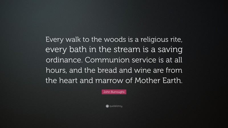 John Burroughs Quote: “Every walk to the woods is a religious rite, every bath in the stream is a saving ordinance. Communion service is at all hours, and the bread and wine are from the heart and marrow of Mother Earth.”