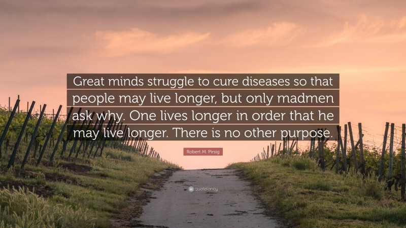 Robert M. Pirsig Quote: “Great minds struggle to cure diseases so that people may live longer, but only madmen ask why. One lives longer in order that he may live longer. There is no other purpose.”
