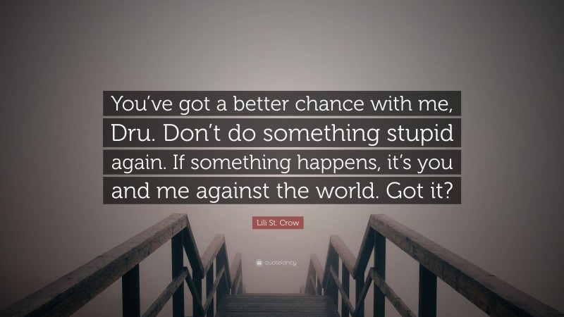 Lili St. Crow Quote: “You’ve got a better chance with me, Dru. Don’t do something stupid again. If something happens, it’s you and me against the world. Got it?”