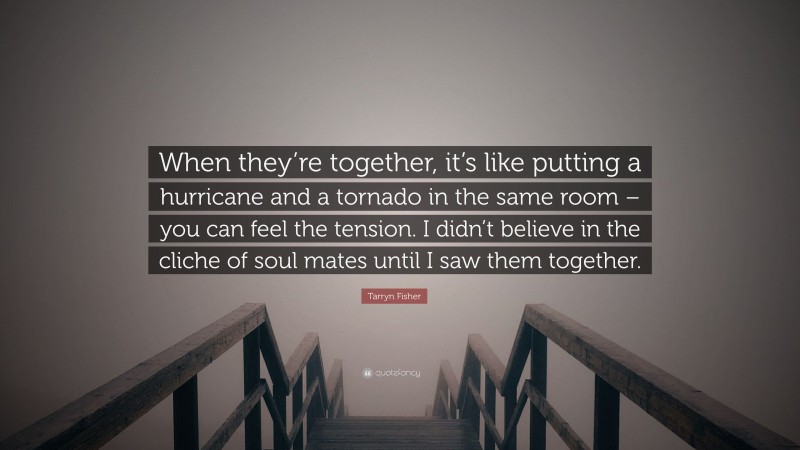 Tarryn Fisher Quote: “When they’re together, it’s like putting a hurricane and a tornado in the same room – you can feel the tension. I didn’t believe in the cliche of soul mates until I saw them together.”