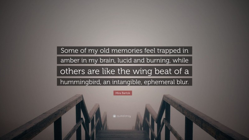 Mira Bartok Quote: “Some of my old memories feel trapped in amber in my brain, lucid and burning, while others are like the wing beat of a hummingbird, an intangible, ephemeral blur.”