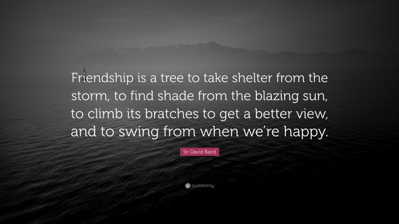 Sir David Baird Quote: “Friendship is a tree to take shelter from the storm, to find shade from the blazing sun, to climb its bratches to get a better view, and to swing from when we’re happy.”