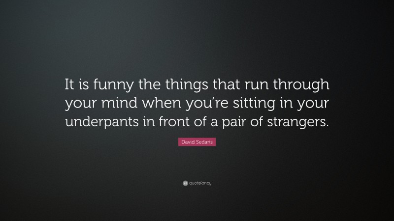 David Sedaris Quote: “It is funny the things that run through your mind when you’re sitting in your underpants in front of a pair of strangers.”