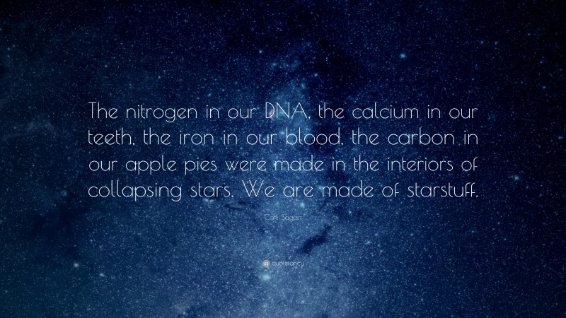 Carl Sagan Quote: “The nitrogen in our DNA, the calcium in our teeth, the iron in our blood, the carbon in our apple pies were made in the interiors of collapsing stars. We are made of starstuff.”