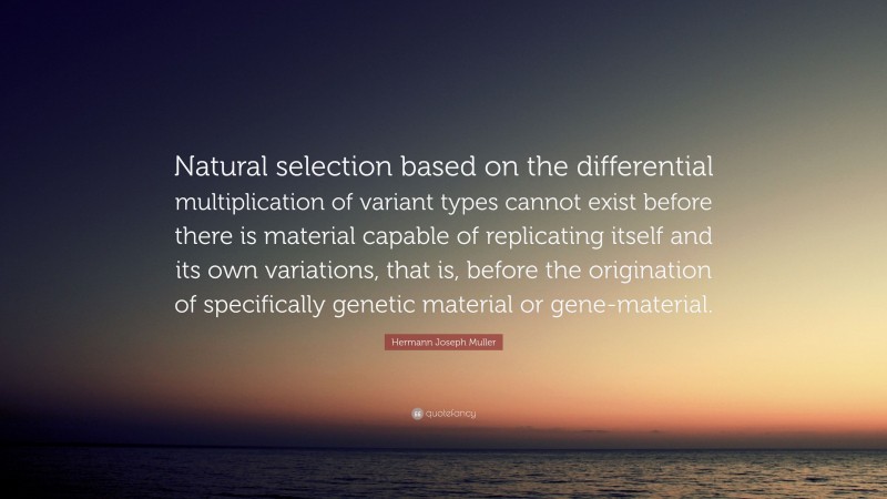 Hermann Joseph Muller Quote: “Natural selection based on the differential multiplication of variant types cannot exist before there is material capable of replicating itself and its own variations, that is, before the origination of specifically genetic material or gene-material.”
