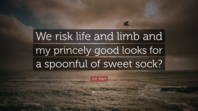 J.V. Hart Quote: “We risk life and limb and my princely good looks for a spoonful of sweet sock?”