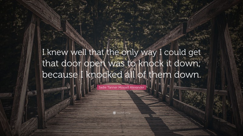 Sadie Tanner Mossell Alexander Quote: “I knew well that the only way I could get that door open was to knock it down; because I knocked all of them down.”