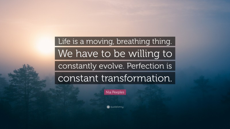 Nia Peeples Quote: “Life is a moving, breathing thing. We have to be willing to constantly evolve. Perfection is constant transformation.”