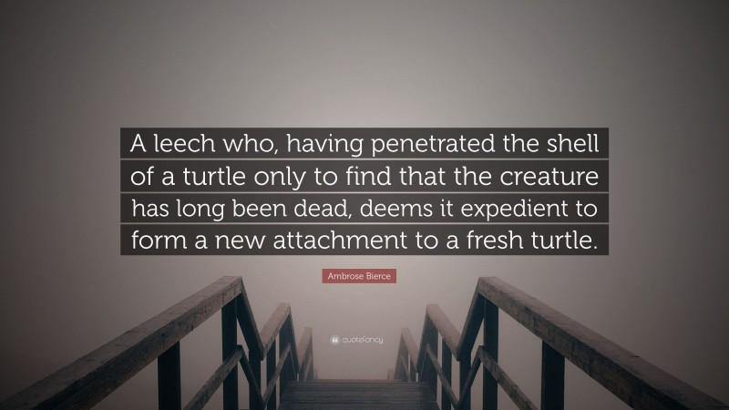 Ambrose Bierce Quote: “A leech who, having penetrated the shell of a turtle only to find that the creature has long been dead, deems it expedient to form a new attachment to a fresh turtle.”