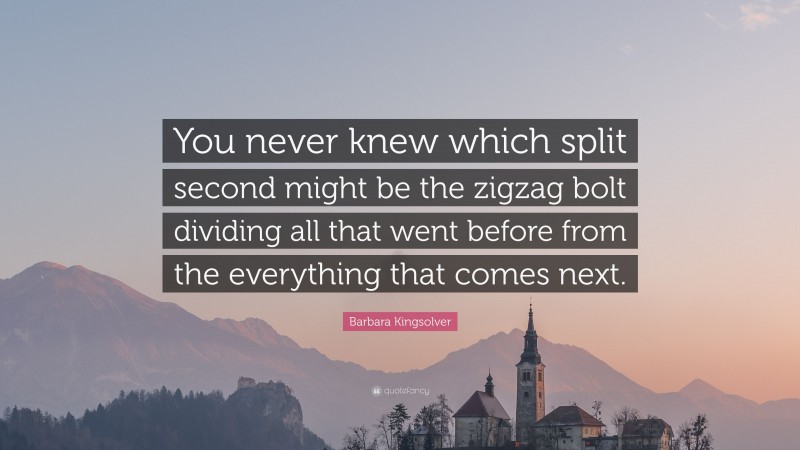 Barbara Kingsolver Quote: “You never knew which split second might be the zigzag bolt dividing all that went before from the everything that comes next.”