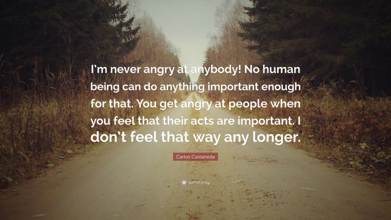 Carlos Castaneda Quote: “I’m never angry at anybody! No human being can do anything important enough for that. You get angry at people when you feel that their acts are important. I don’t feel that way any longer.”