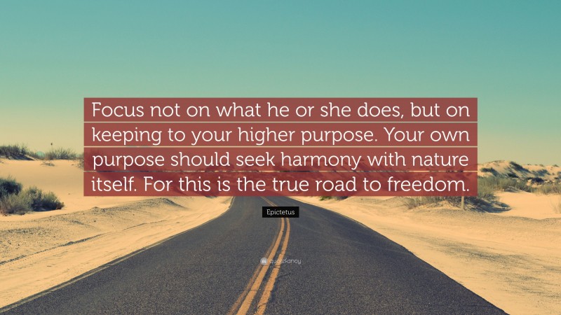 Epictetus Quote: “Focus not on what he or she does, but on keeping to your higher purpose. Your own purpose should seek harmony with nature itself. For this is the true road to freedom.”