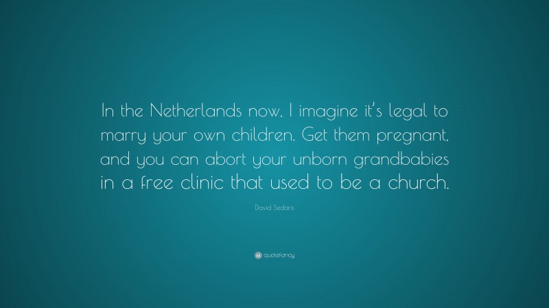 David Sedaris Quote: “In the Netherlands now, I imagine it’s legal to marry your own children. Get them pregnant, and you can abort your unborn grandbabies in a free clinic that used to be a church.”