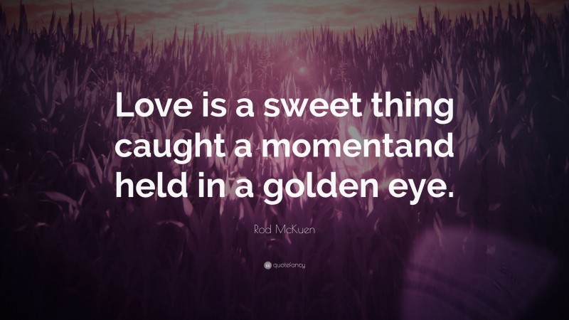 Rod McKuen Quote: “Love is a sweet thing caught a momentand held in a golden eye.”