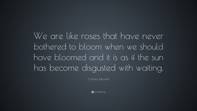 Charles Bukowski Quote: “We are like roses that have never bothered to bloom when we should have bloomed and it is as if the sun has become disgusted with waiting.”