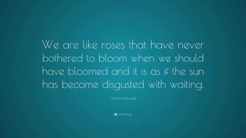 Charles Bukowski Quote: “We are like roses that have never bothered to bloom when we should have bloomed and it is as if the sun has become disgusted with waiting.”