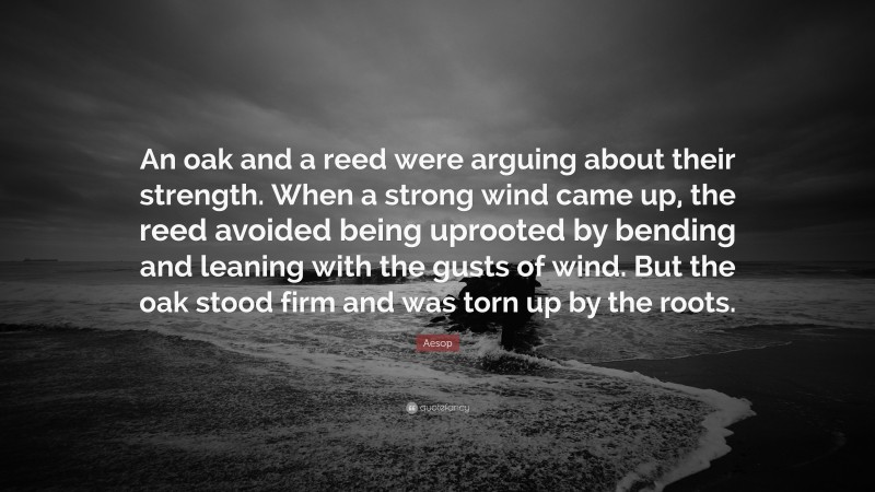 Aesop Quote: “An oak and a reed were arguing about their strength. When a strong wind came up, the reed avoided being uprooted by bending and leaning with the gusts of wind. But the oak stood firm and was torn up by the roots.”
