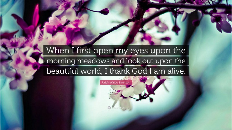 Ralph Waldo Emerson Quote: “When I first open my eyes upon the morning meadows and look out upon the beautiful world, I thank God I am alive.”