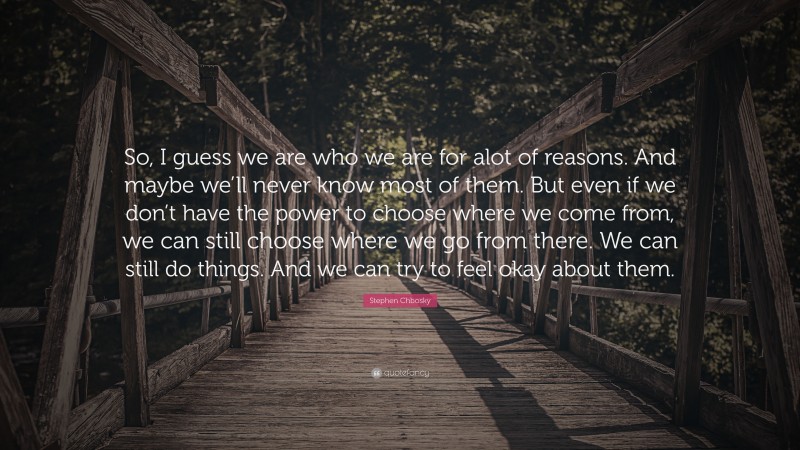 Stephen Chbosky Quote: “So, I guess we are who we are for alot of reasons. And maybe we’ll never know most of them. But even if we don’t have the power to choose where we come from, we can still choose where we go from there. We can still do things. And we can try to feel okay about them.”