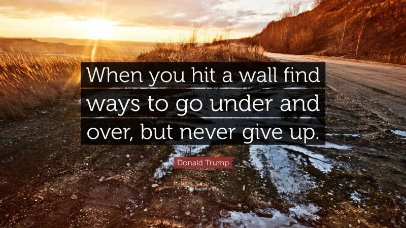 Donald Trump Quote: “When you hit a wall find ways to go under and over, but never give up.”