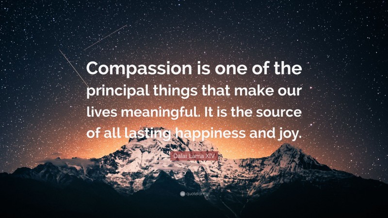Dalai Lama XIV Quote: “Compassion is one of the principal things that make our lives meaningful. It is the source of all lasting happiness and joy.”