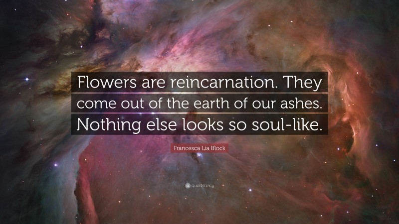 Francesca Lia Block Quote: “Flowers are reincarnation. They come out of the earth of our ashes. Nothing else looks so soul-like.”