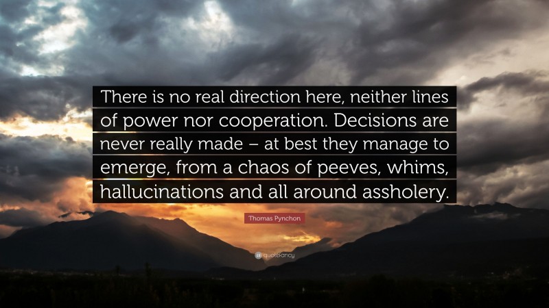 Thomas Pynchon Quote: “There is no real direction here, neither lines of power nor cooperation. Decisions are never really made – at best they manage to emerge, from a chaos of peeves, whims, hallucinations and all around assholery.”