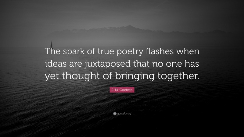 J. M. Coetzee Quote: “The spark of true poetry flashes when ideas are juxtaposed that no one has yet thought of bringing together.”