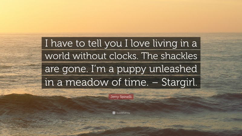 Jerry Spinelli Quote: “I have to tell you I love living in a world without clocks. The shackles are gone. I’m a puppy unleashed in a meadow of time. – Stargirl.”