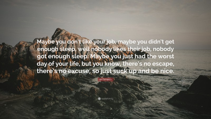 Ani DiFranco Quote: “Maybe you don’t like your job, maybe you didn’t get enough sleep, well nobody likes their job, nobody got enough sleep. Maybe you just had the worst day of your life, but you know, there’s no escape, there’s no excuse, so just suck up and be nice.”