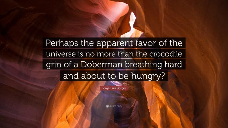 Jorge Luis Borges Quote: “Perhaps the apparent favor of the universe is no more than the crocodile grin of a Doberman breathing hard and about to be hungry?”