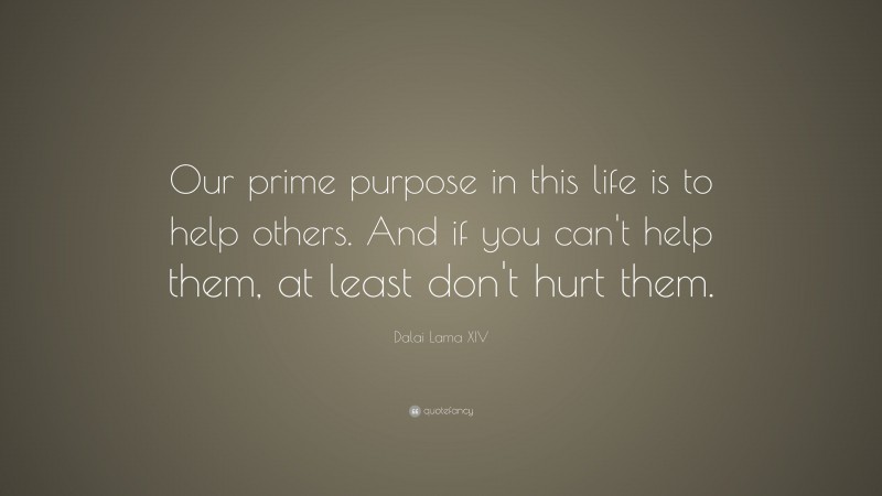 Dalai Lama XIV Quote: “Our prime purpose in this life is to help others. And if you can’t help them, at least don’t hurt them.”