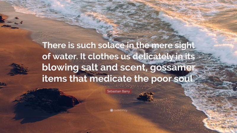 Sebastian Barry Quote: “There is such solace in the mere sight of water. It clothes us delicately in its blowing salt and scent, gossamer items that medicate the poor soul.”