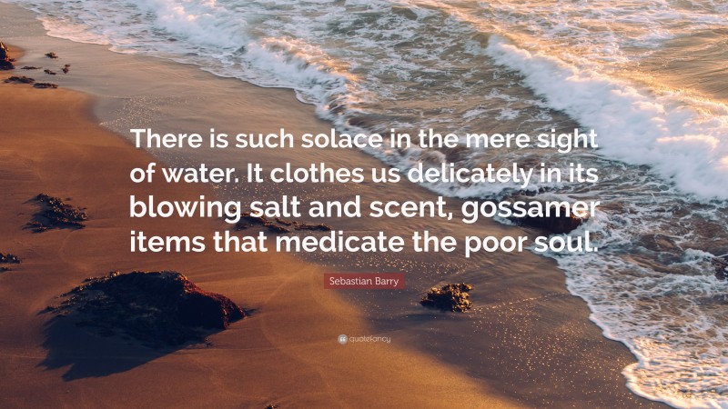 Sebastian Barry Quote: “There is such solace in the mere sight of water. It clothes us delicately in its blowing salt and scent, gossamer items that medicate the poor soul.”