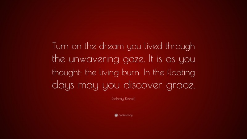 Galway Kinnell Quote: “Turn on the dream you lived through the unwavering gaze. It is as you thought: the living burn. In the floating days may you discover grace.”