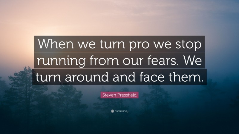 Steven Pressfield Quote: “When we turn pro we stop running from our fears. We turn around and face them.”